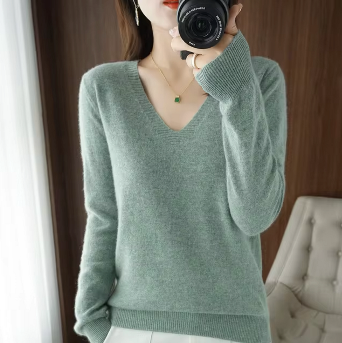 Damen-Strickpullover, V-Ausschnitt, leichtes Material, lockere Passform-6