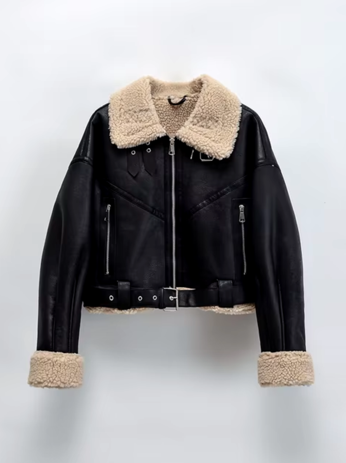 Damen-Fleecejacke, Moto-Stil, mit Gürtel, Kunstfell-4