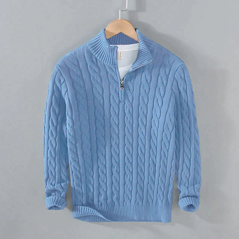 Herren-Pullover, Half-Zip, Flechtmuster, Baumwoll und Wollmischung-5