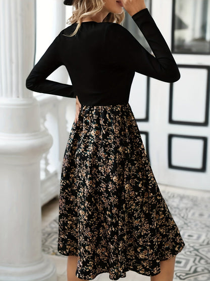Damen-A-Linien-Kleid, Blumenmuster, langärmelig, leicht, atmungsaktiv, Textil 3