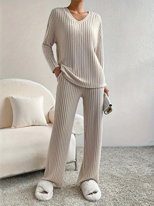 Damen-zweiteiliges Set, gerippter V-Ausschnitt-Pullover und Hose, Polyester 1
