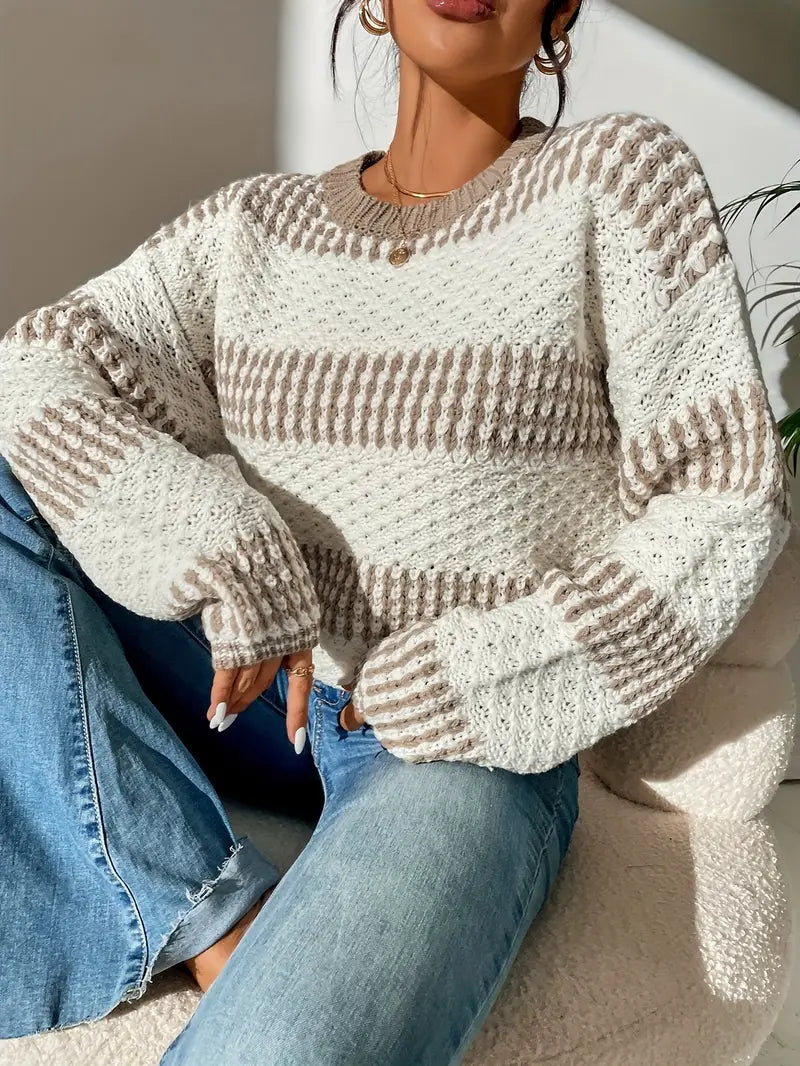 Damen-zweifarbiger Pullover, strukturiertes Strickmaterial-1