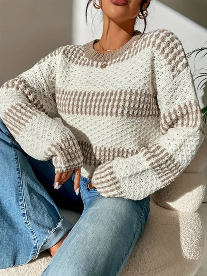 Damen-zweifarbiger Pullover, strukturiertes Strickmaterial-1
