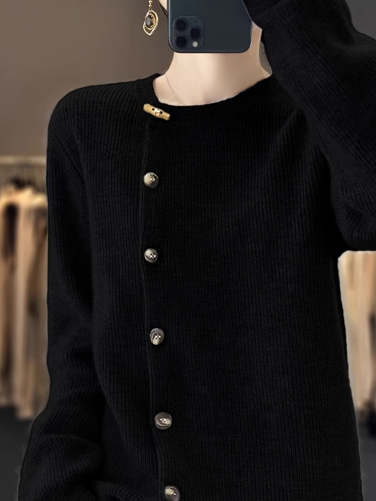 Variant image for Damen-Strickjacke, klassisch, Knopfdesign, Rippstrick, Material-3