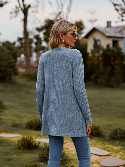 Damen-gestrickter Cardigan, gerippt, Baumwolle, langärmelig, lässig-4