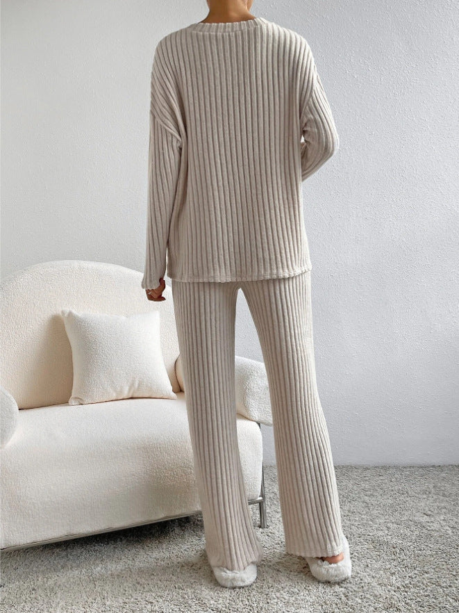Damen-Lounge-Set, gerippter V-Ausschnitt, Pullover, und lockerer Hose, atmungsaktives Material-2