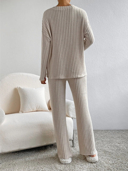 Damen-Lounge-Set, gerippter V-Ausschnitt, Pullover, und lockerer Hose, atmungsaktives Material-2