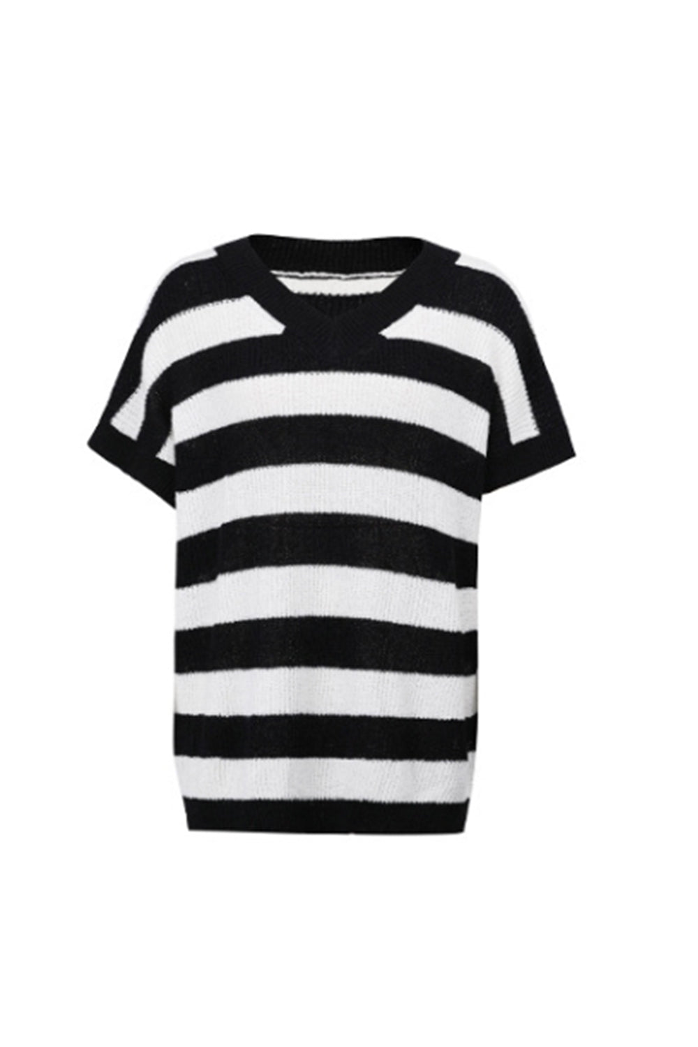 Damen-T-Shirt, V-Ausschnitt, gestreiftes Polyester, kurze Ärmel-4