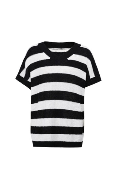 Damen-T-Shirt, V-Ausschnitt, gestreiftes Polyester, kurze Ärmel-4