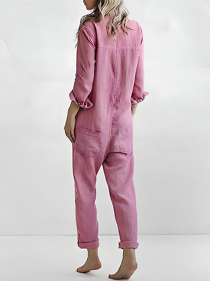 Damen-Jumpsuit Langarm Baumwolle und Leinen Elegantes Design-4