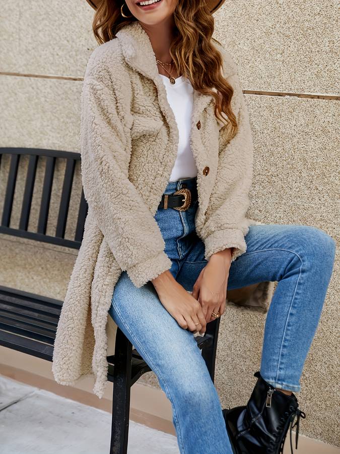 Damen-Teddyjacke, Knopfverschluss, weiches Polyester, lange Teddyjacke-2
