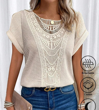 Damen-T-Shirt, Spitzendetails, Baumwollmix, kurze Ärmel 1