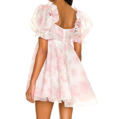 Damen-Kleid, Blumenmuster, Puffärmel, Organza-3