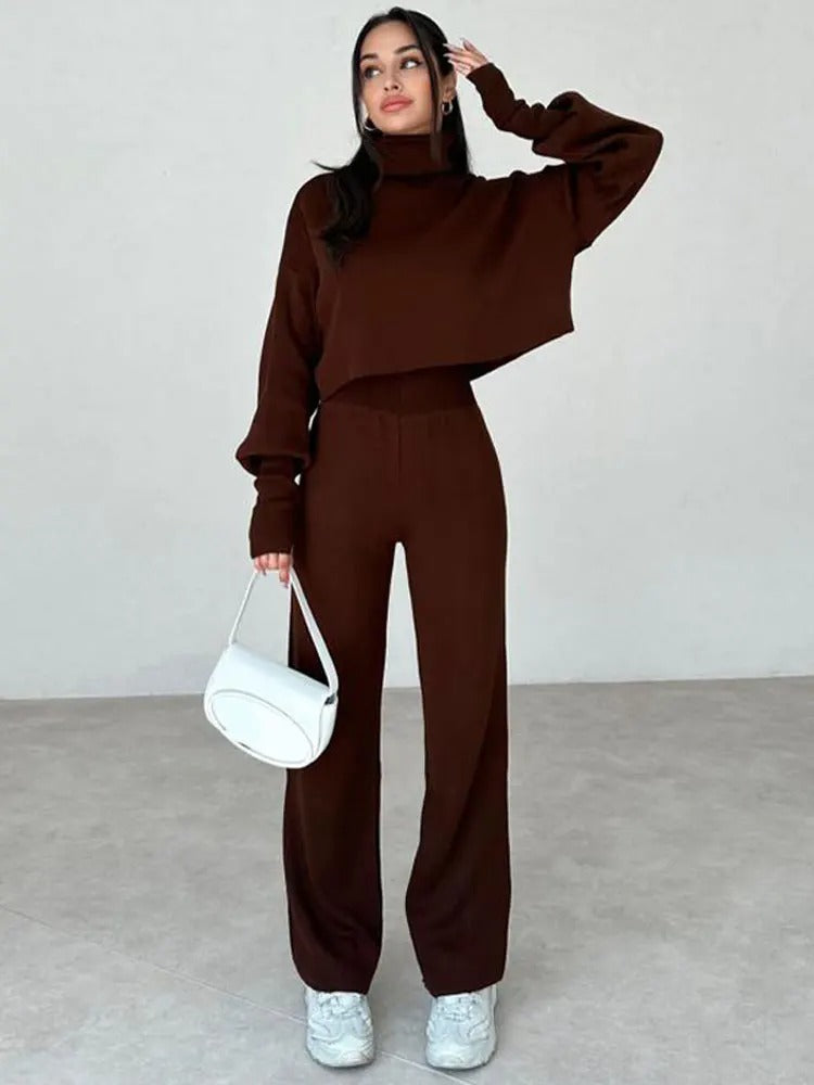 Damen-Rollkragen, Ensemble, kuschelige Hose und Top, weiche Mischung-5