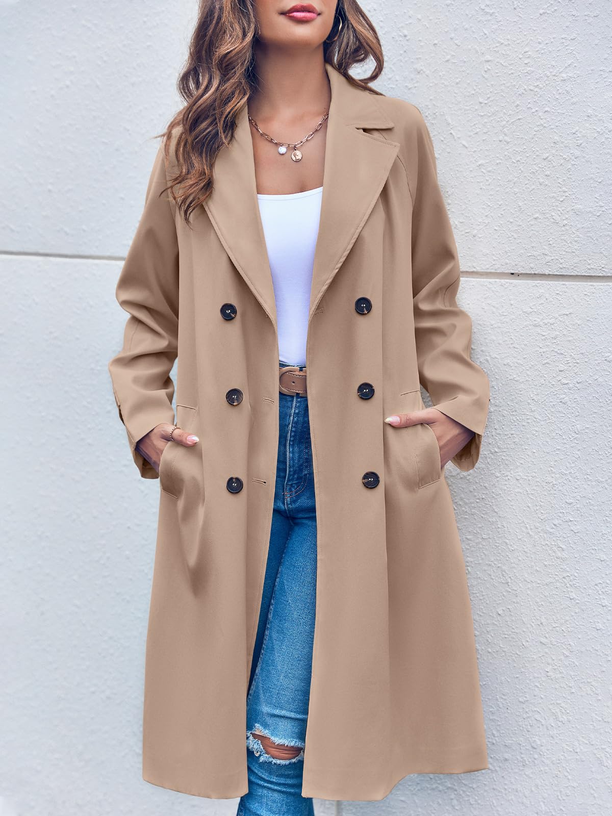 Damen-Trenchcoat, doppelreihige Knopfleiste mit Gürtel, Polyester-4