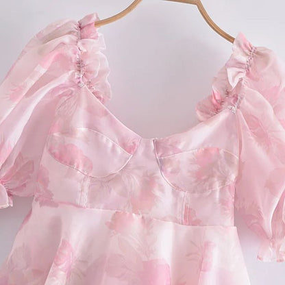 Damen-Kleid, Blumenmuster, Puffärmel, Organza-6