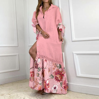 Maxikleid Damen Blumenmuster Knopfleiste Weicher Baumwollmix-1
