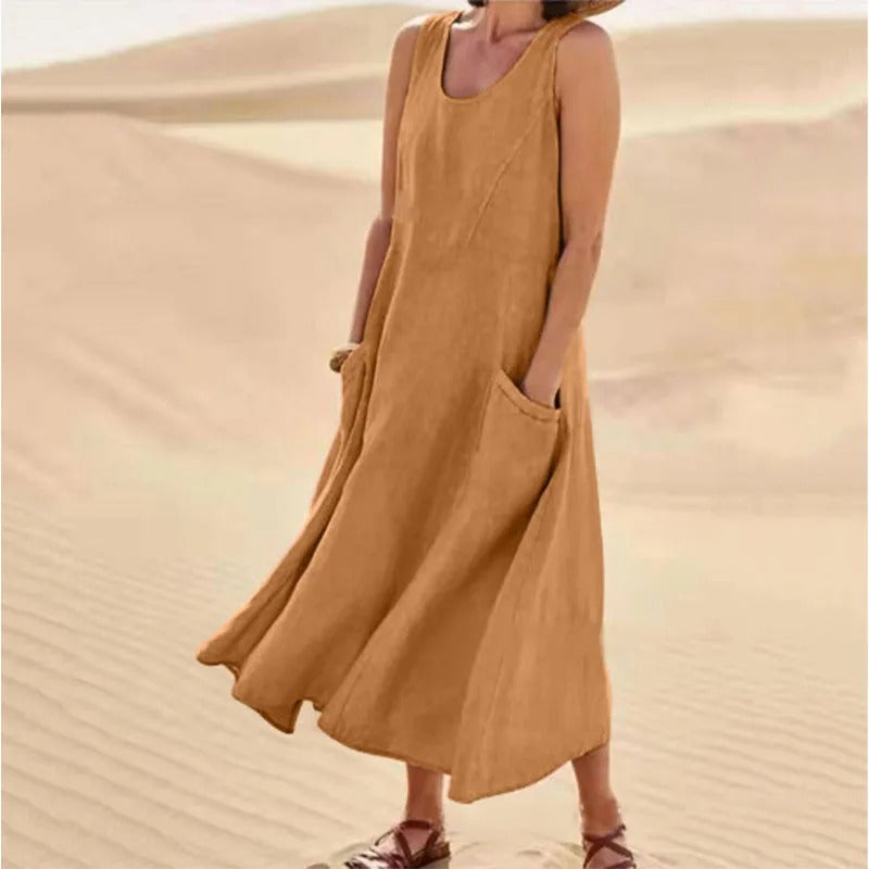 Damen-Kleines Leinenkleid mit Taschen, atmungsaktiv, Loose Fit 17