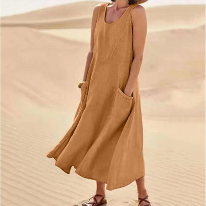 Damen-Kleines Leinenkleid mit Taschen, atmungsaktiv, Loose Fit 17