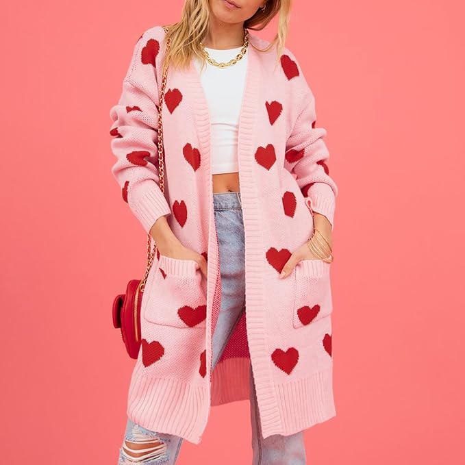 Damen-Strickjacke, Herzmuster, weich, Faser, rosa-1