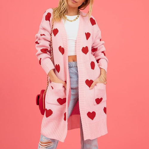 Damen-Strickjacke, Herzmuster, weich, Faser, rosa-1