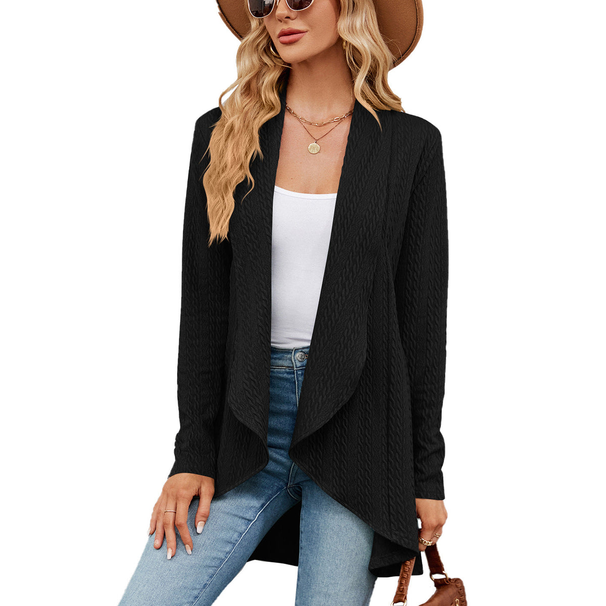 Damen-Strickjacke, lang, gestrickt, monochrom, Acryl-3
