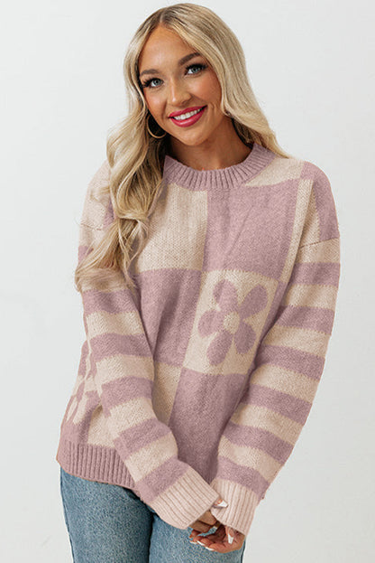 Blumen-Stricktop für Frauen mit gestreiften Ärmeln – lockere Passform aus hochwertigem Strickstoff, perfekt für Frühlings- und Sommeroutfits 4