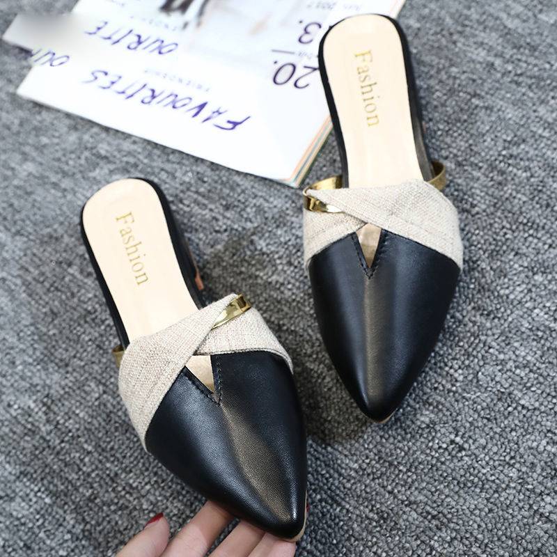Damen-Mules-Sandalen, offene Zehe, PU-Leder, mit goldener Ringverzierung-2