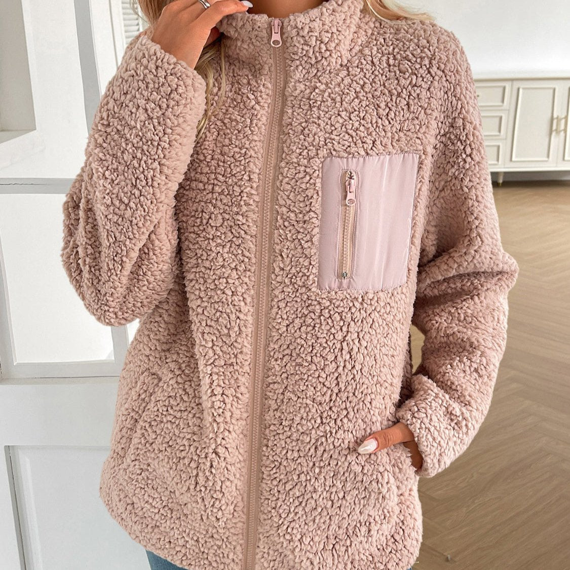Damen-Fleecejacke, lässiger Winter, Plüschmaterial, mit Reißverschluss-1