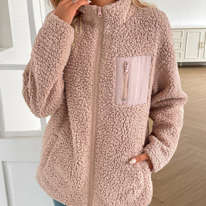Damen-Fleecejacke, lässiger Winter, Plüschmaterial, mit Reißverschluss-1