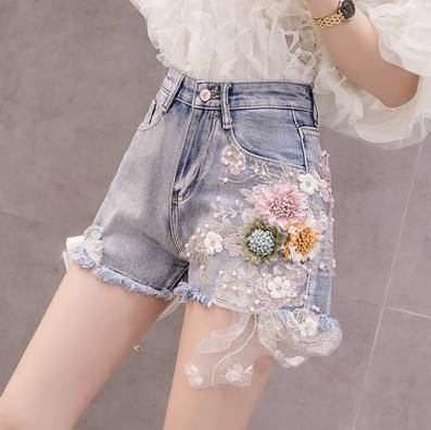 Damen-Jeansshorts High Waist Blumendekoration Baumwolle-6