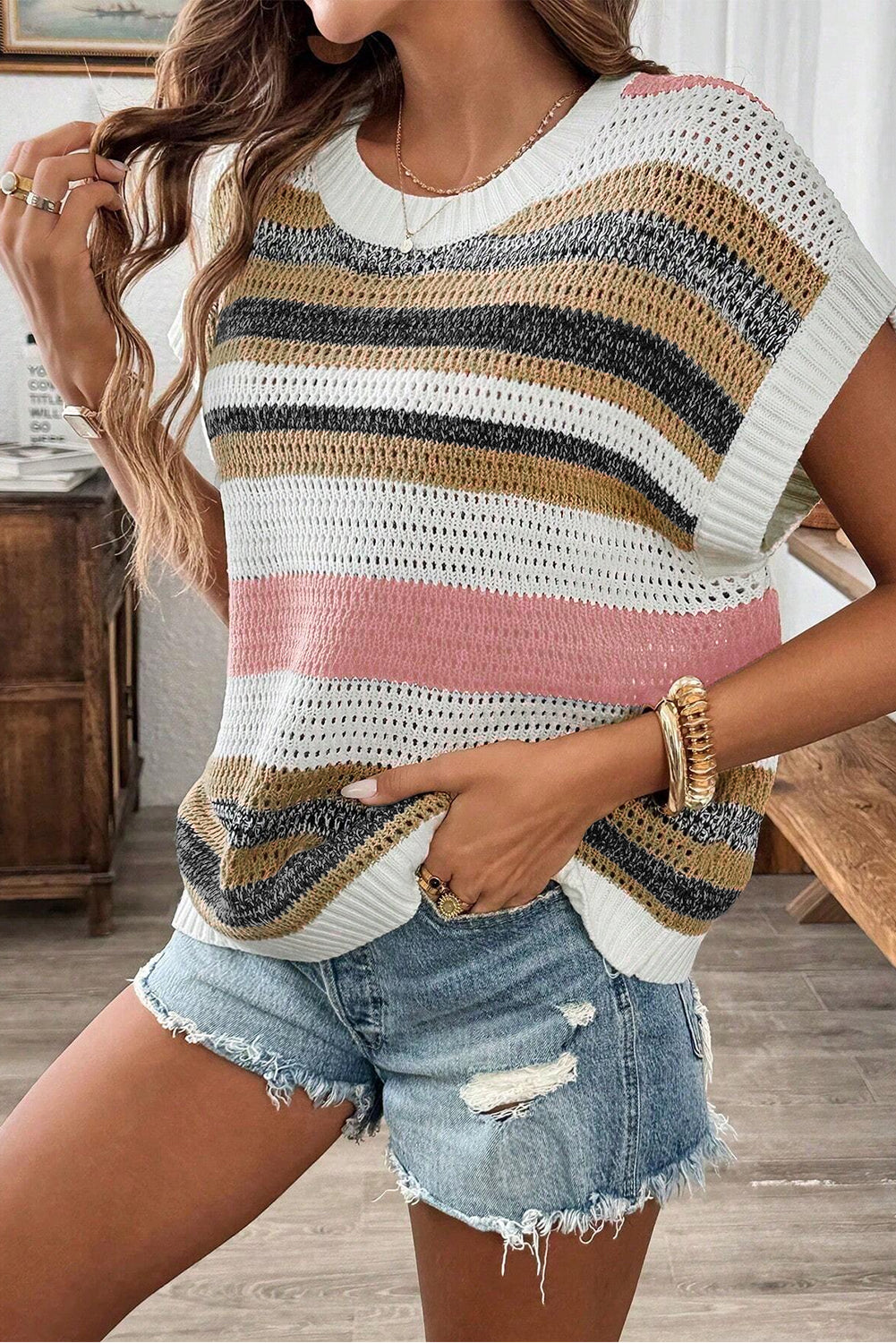 Damen-Stricktop mit Lochmuster 100 % Baumwolle Farbblock-4