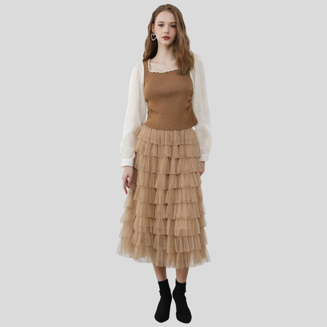 Damen-Top, eckiger Hals, Puffärmel, Polyester-1