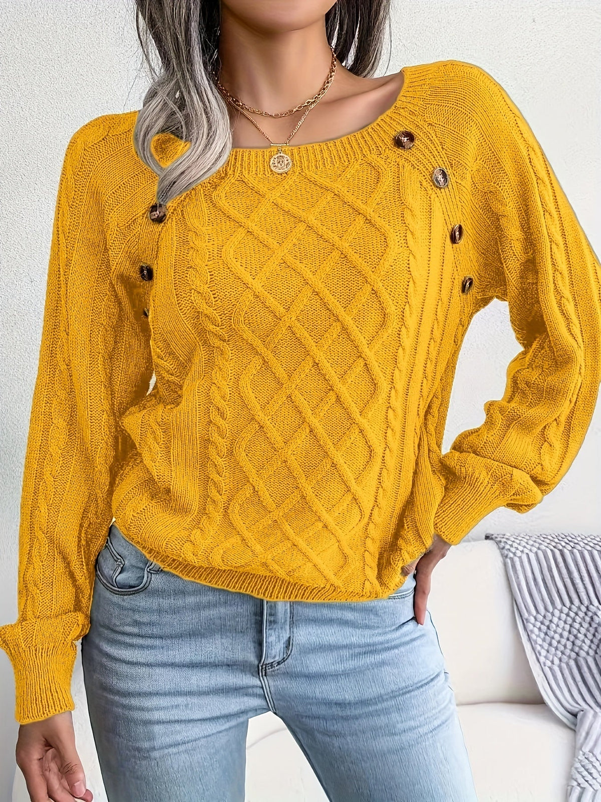 Variant image for Damen-Strickpullover, runder Ausschnitt, Zopfstrick, weiche Acrylmischung-3