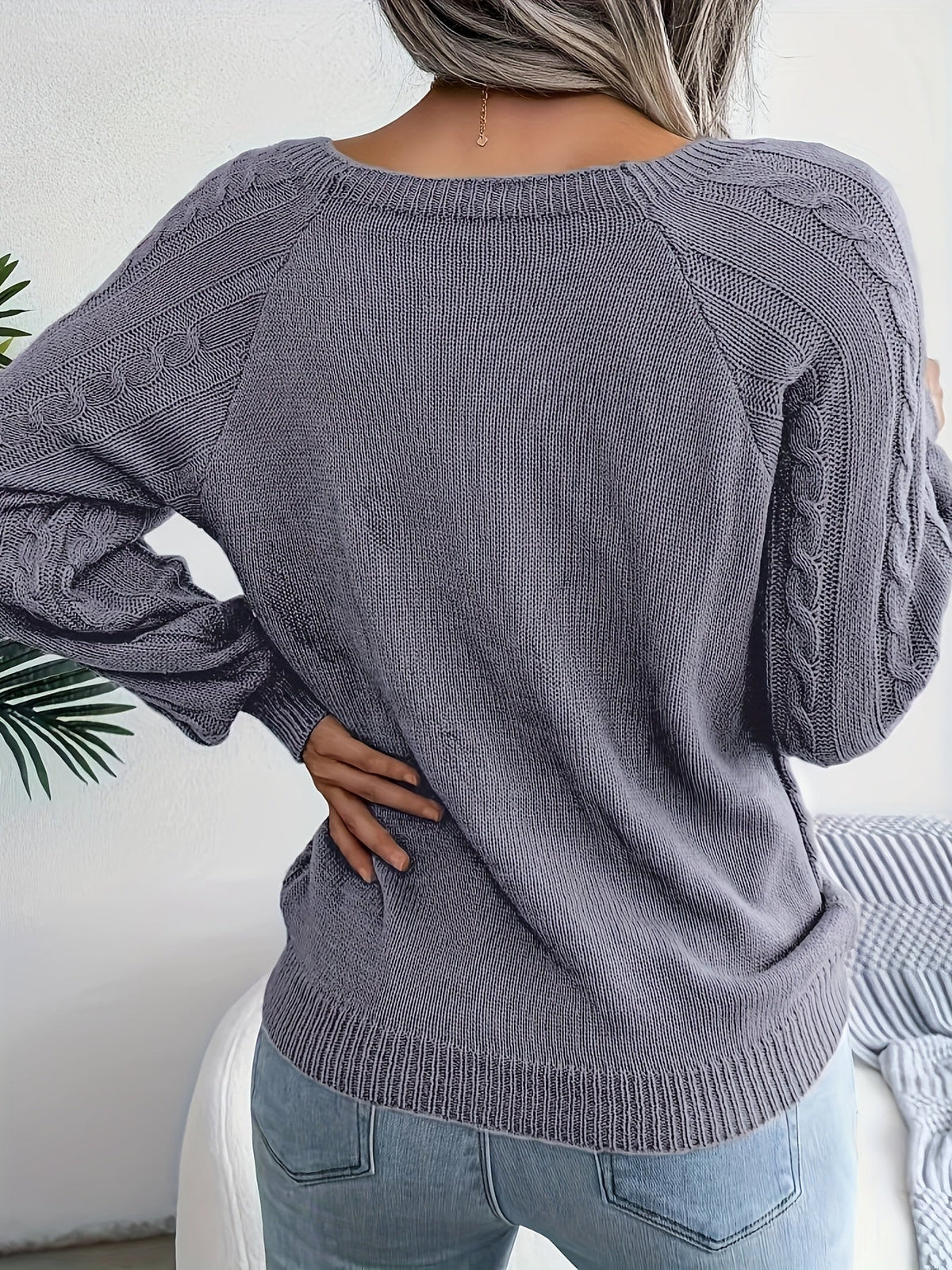 Damen-Strickpullover, runder Ausschnitt, Zopfstrick, weiche Acrylmischung-5