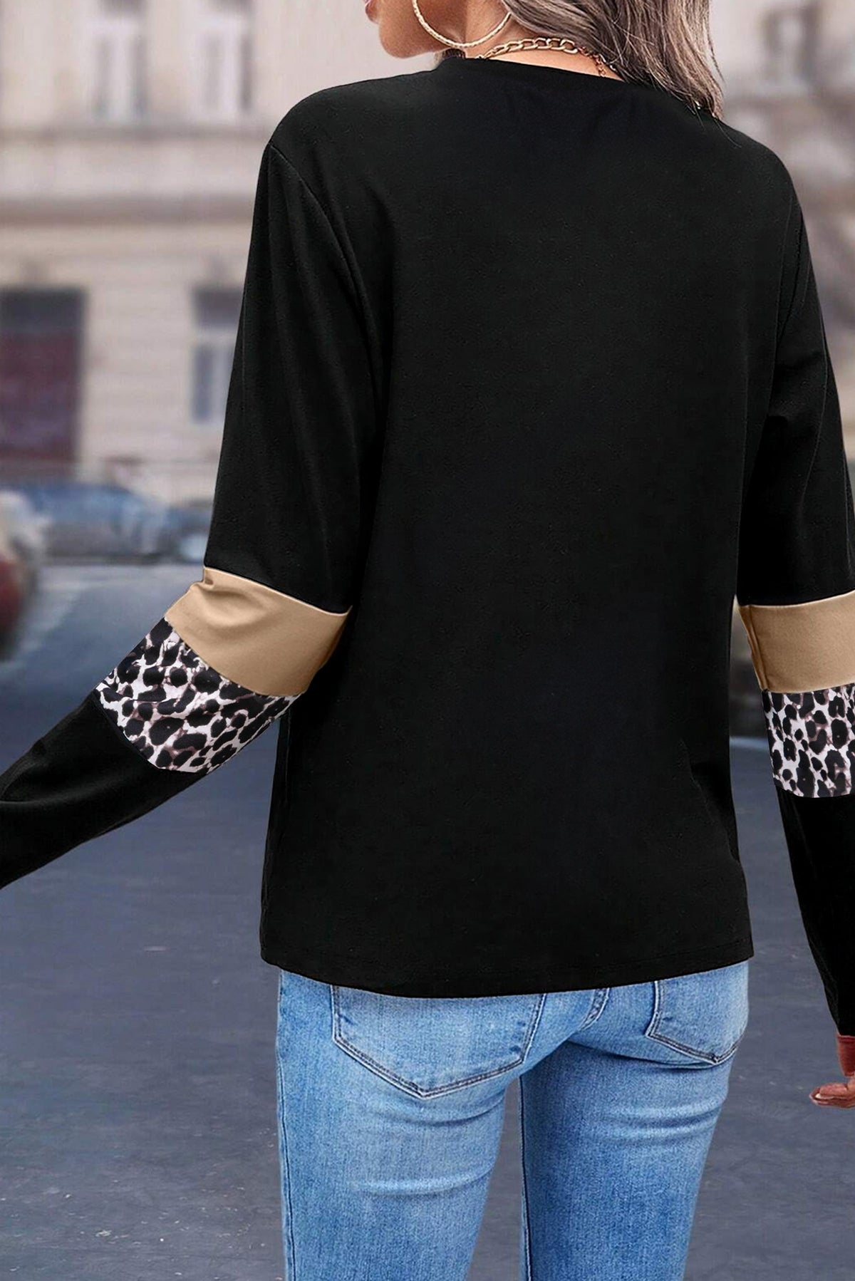 Damen-T-Shirt, Leoparden-Farbblock, klassischer runder Halsausschnitt, weicher Stoff-3