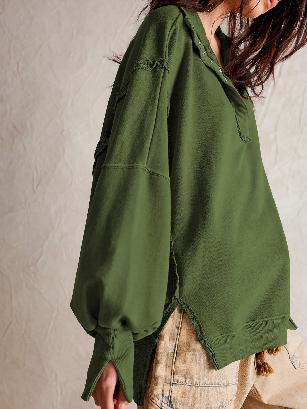 Damen-Sweatshirt, dicker Pullover mit Knöpfen, 100% Baumwolle-4