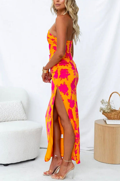 Damen-Maxikleid, bedrucktes Design mit Seitenschlitz aus Baumwolle und Polyester-3