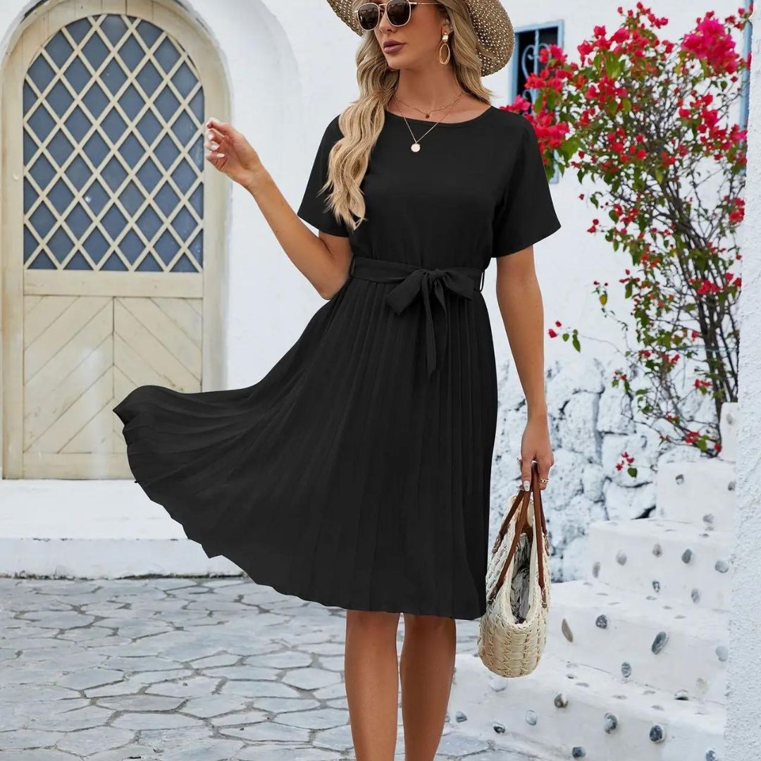 Damen-Midikleid, plissiertes Polyester, elegantes Midikleid-5