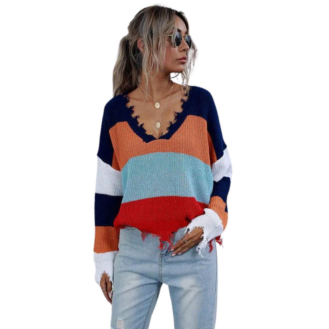 Variant image for Damen-Strickpullover, V-Ausschnitt mit gestreiftem Muster und ausgefranstem Saum-1