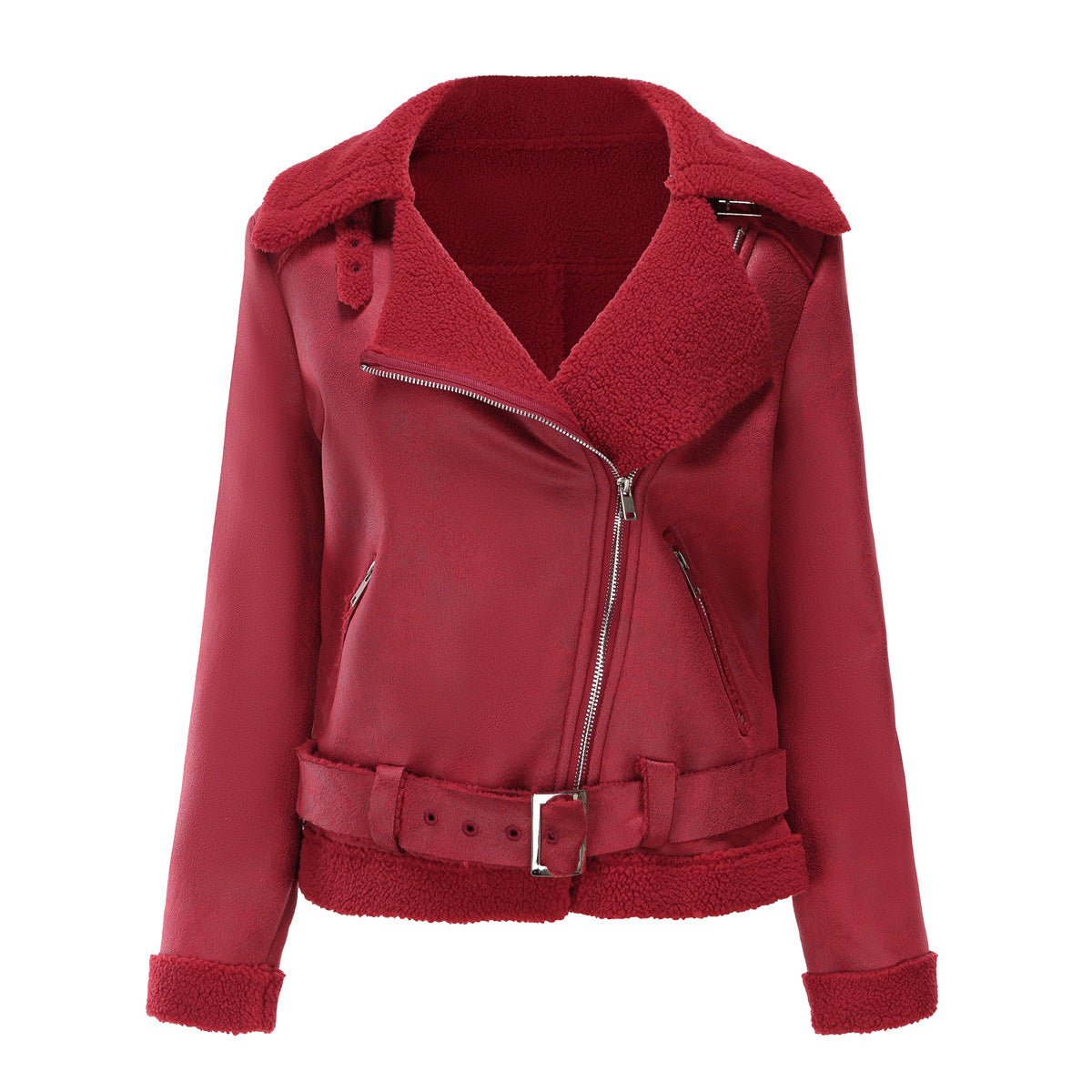 Damen-Winterjacke mit Pelz und Gürtel aus Kunstleder, langer Schnitt-4