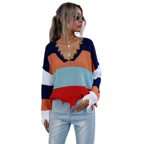 Damen-Strickpullover, V-Ausschnitt mit gestreiftem Muster und ausgefranstem Saum-1