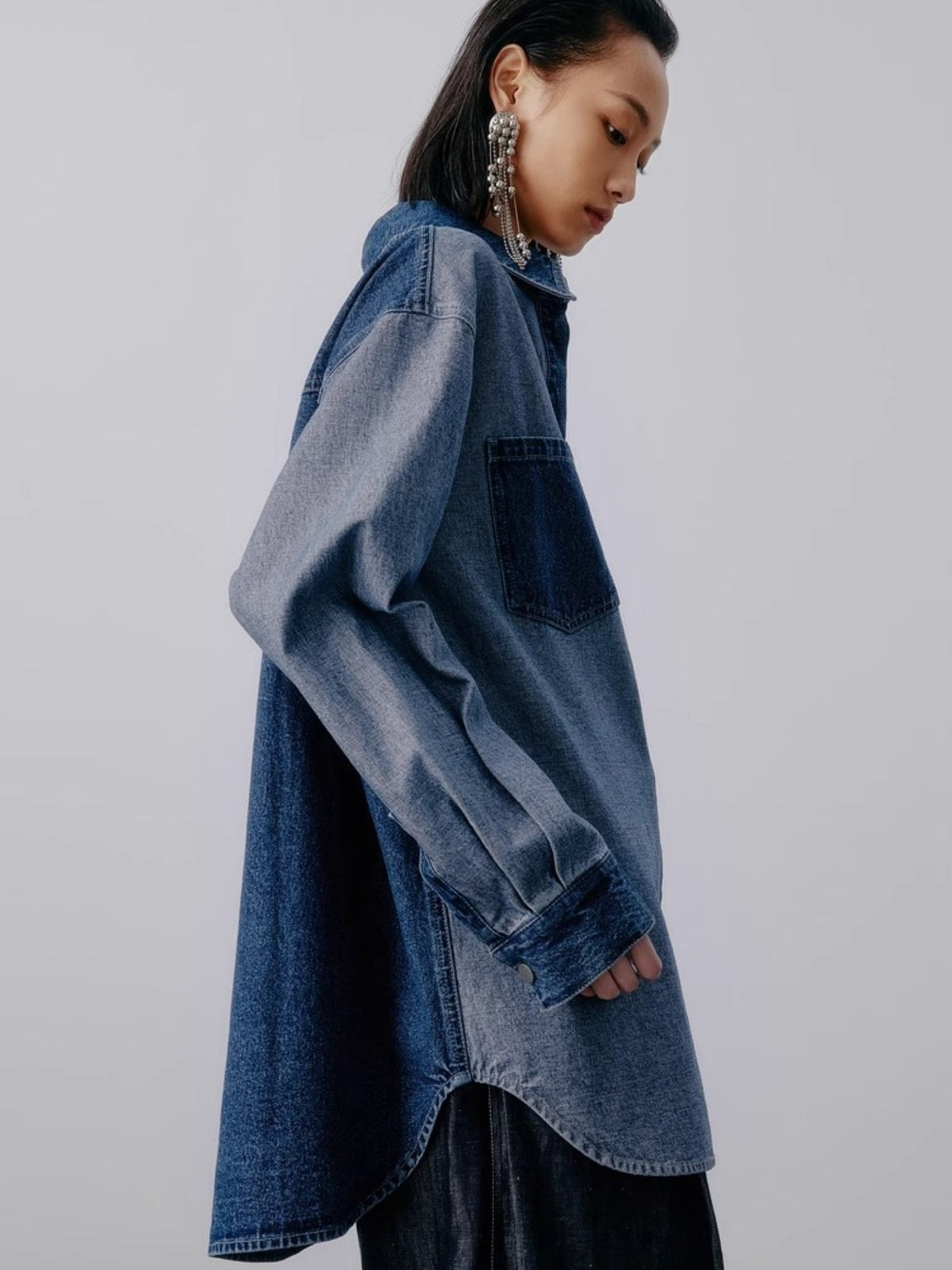 Damen-Hemd, Farbblock, Denim, Patchwork-Design-5