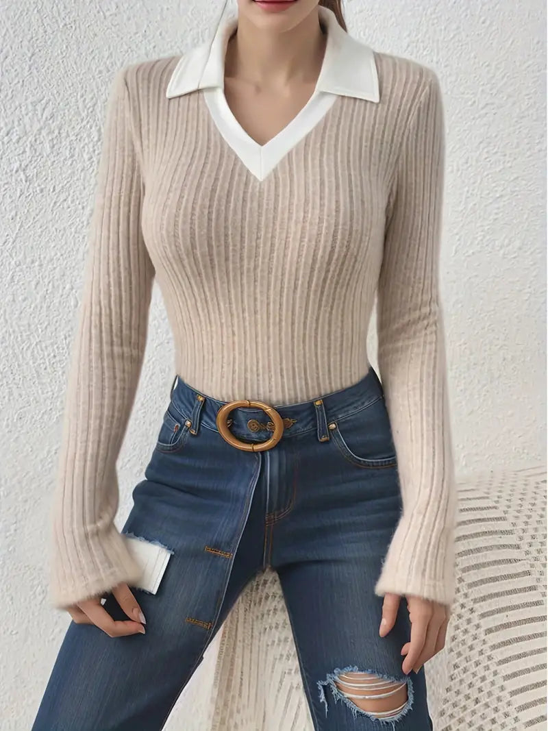 Damen-Pullover, V-Ausschnitt, lange Ärmel, weiches Material-2