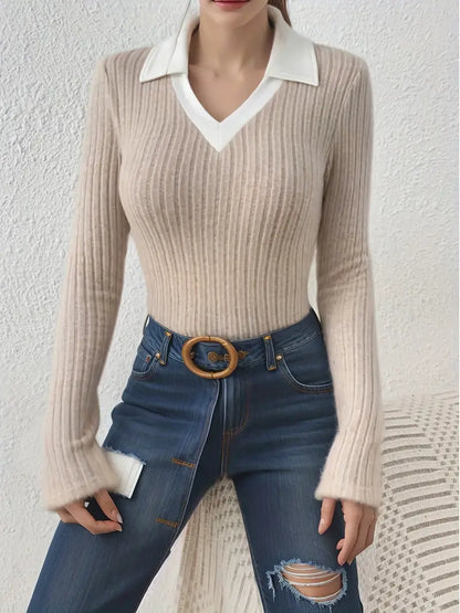 Damen-Pullover, V-Ausschnitt, lange Ärmel, weiches Material-2
