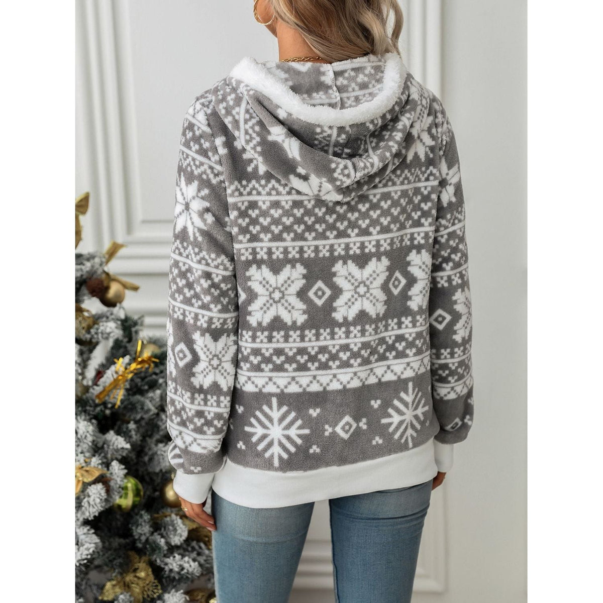 Damen-Hoodie, grau, mit Schneeflocken-Design, aus leicht wärmendem Stoff-3