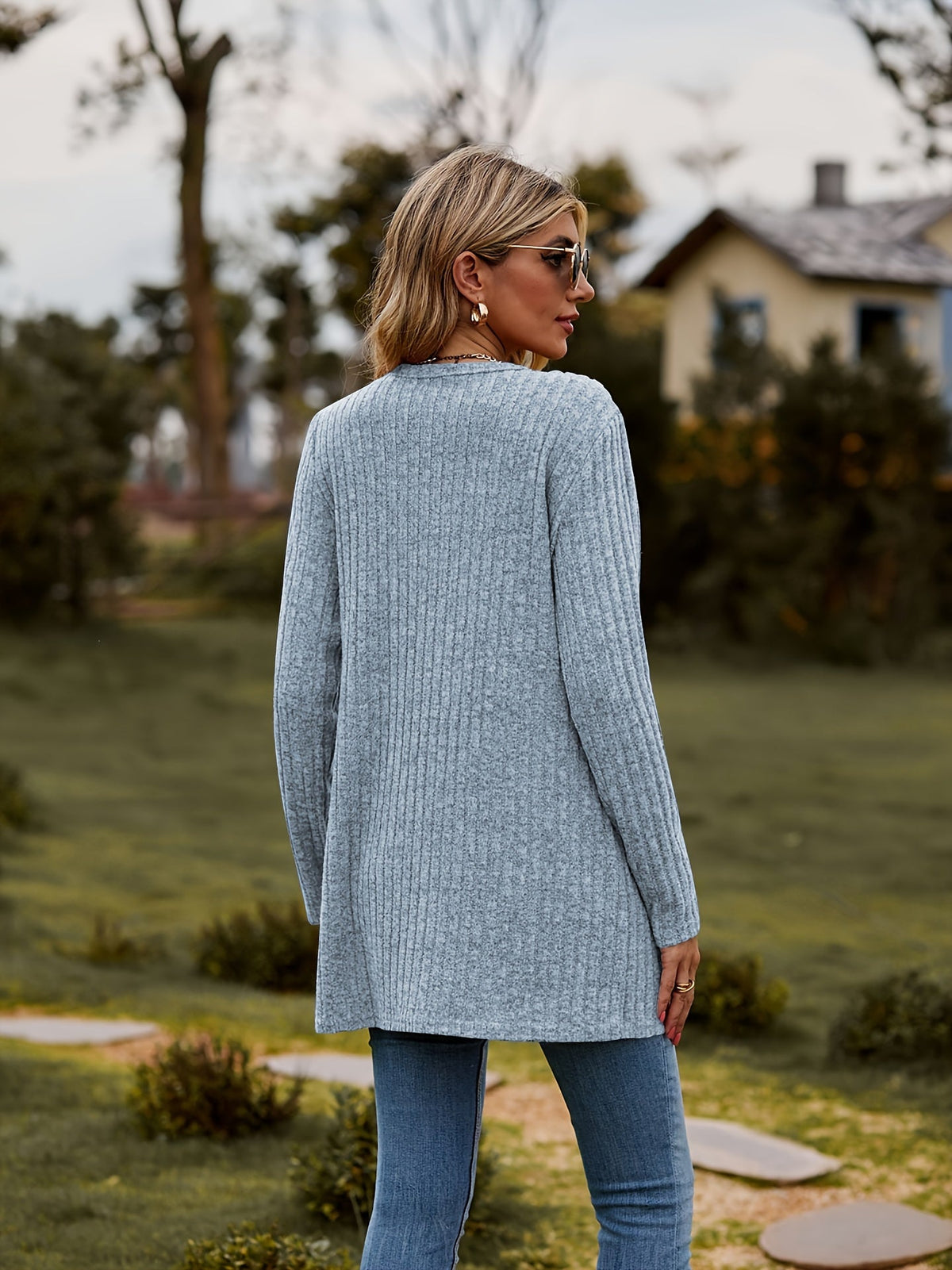 Damen-gestrickter Cardigan, gerippt, Baumwolle, langärmelig, lässig-5