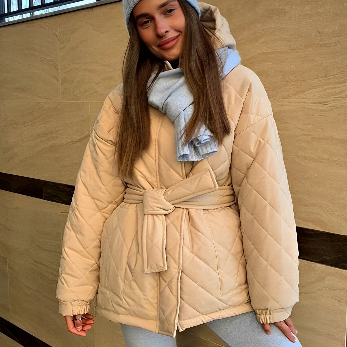 Damenjacke mit Gürtel Dicke Baumwolle Eleganter Stil-3