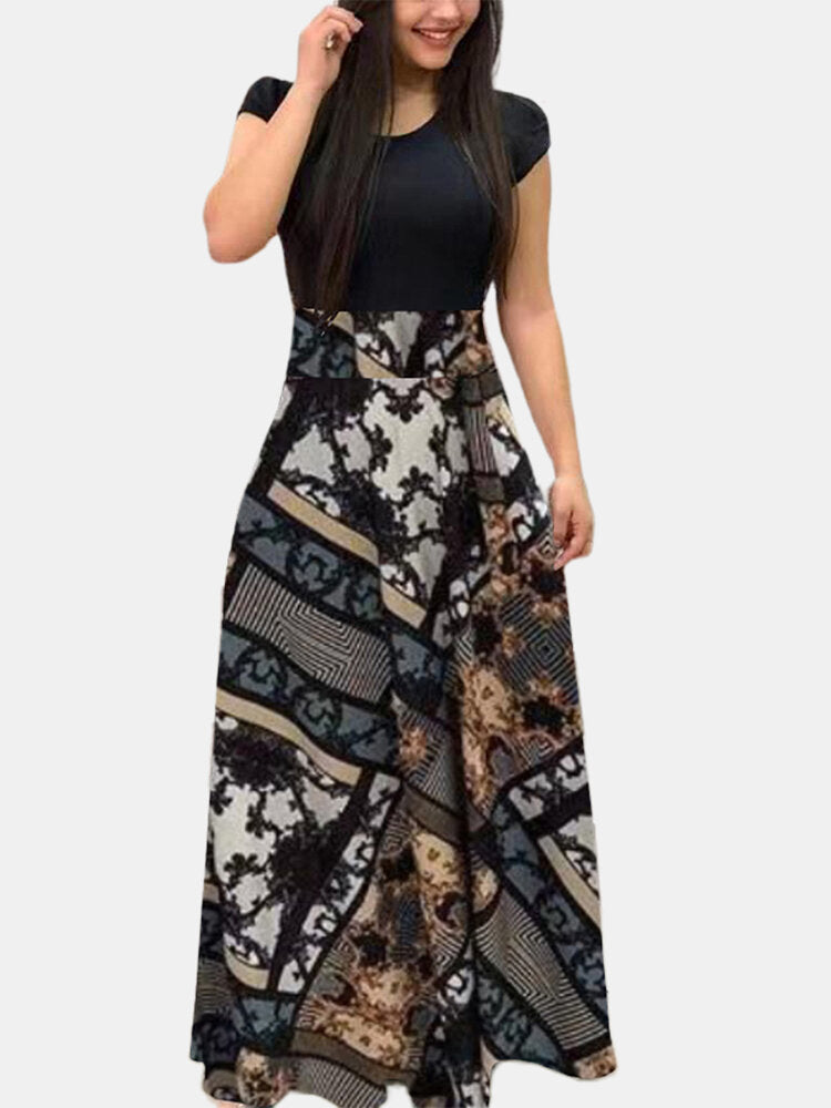 Maxikleid Damen Blumenmuster Rundhals Lang Polyester Sommer 12