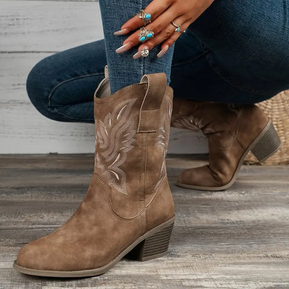 Damen-Stiefel, Retro-Stil, dicker Absatz, synthetisches Leder 5